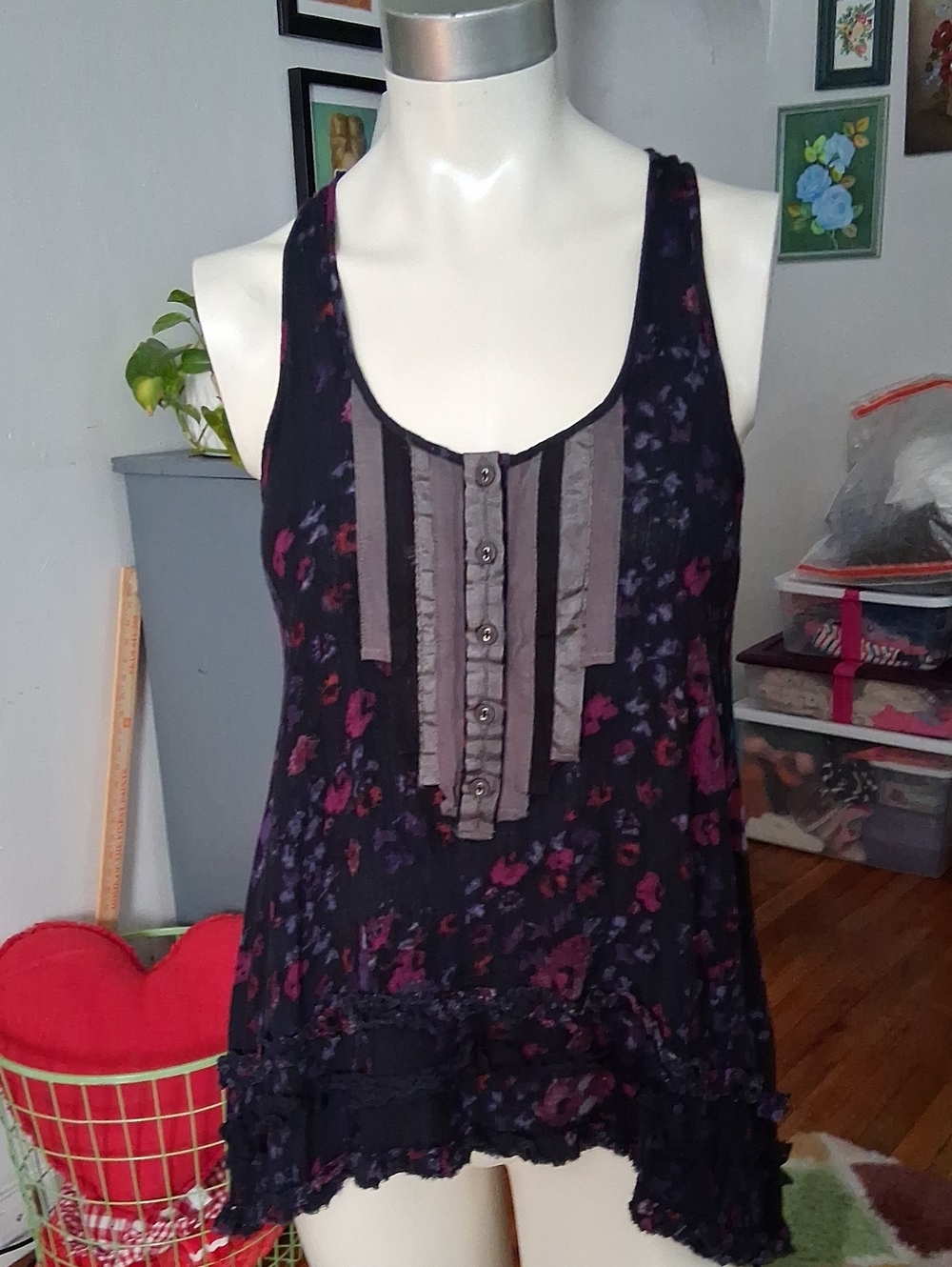 Free People Black Floral Ruffle Hem Tank with Pink and Purple Accents